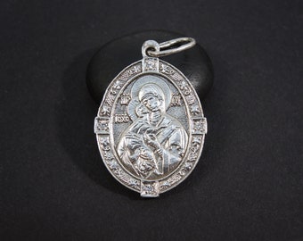 Bless Virgin Pendant, 925 Silver Christian Icon Mother of God, St Mary with Child Jesus Charm, Protection Religion Amulet, Christening gift
