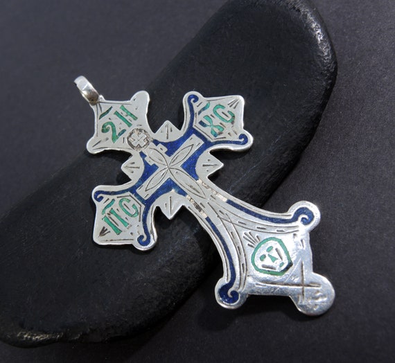 Antique Enamel Cross Pendant 84 Silver, Imperial … - image 3