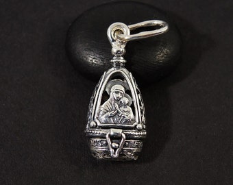 Bless Virgin Locket Pendant, Stone Mary with Jesus Teardrop Pendant, Christian Filigree Protection Medallion Holy Relics, Christening gift