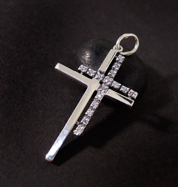 Christian Stone Double Cross Pendant 925 Silver, … - image 1