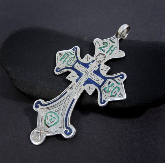 Antique Enamel Cross Pendant 84 Silver, Imperial … - image 1