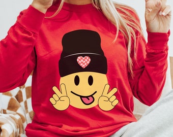 Happy Face Beanie PNG Heart Smile Png Beanie Retro Checkered Png Smile Peace Sign Png Smile Checkerboard Sublimation Emoji Smile Png Heart