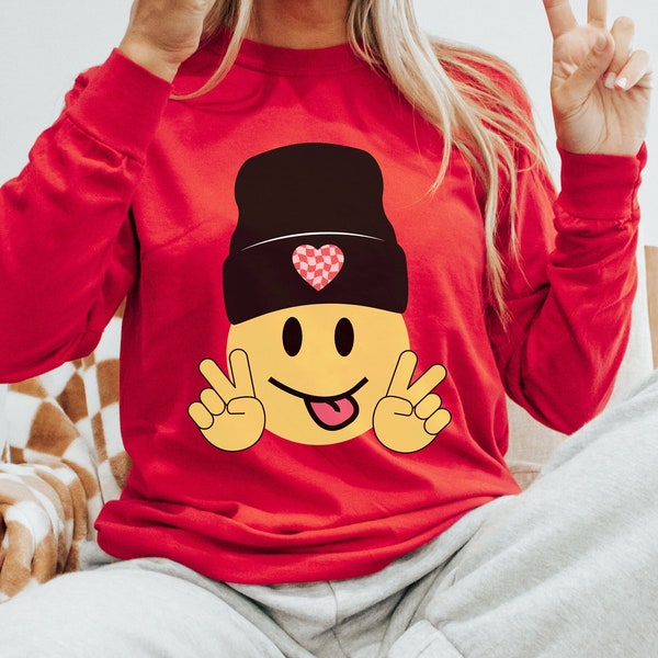 Happy Face Beanie PNG Heart Smile Png Beanie Retro Checkered Png Smile Peace Sign Png Smile Checkerboard Sublimation Emoji Smile Png Heart