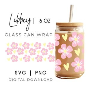Roze bloem SVG Libbey Glass Wrap Cut File Heart Svg Flower Pastel Glass Can Wrap 16 oz Libbey Glass Png Spring Glass Tumbler Design Flower