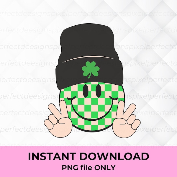 Happy Face Beanie PNG Shamrock Smile Checkered Png St Patricks Day Png Peace Sign Smile Retro Checkerboard Cut File Cricut File Silhouette