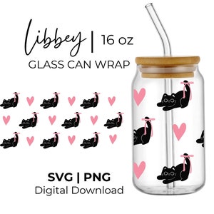 Kawaii Cat SVG Kawaii Kitty Libbey Glass Wrap Black Cat Cut File Svg Bow Glass Can Wrap 16 oz Libbey Glass Png Kitty Bow Glass Tumbler Svg
