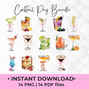 Cocktail PNG Bundle Martini Clipart Adult Drink Png Summer Cocktail Menu Bundle Margarita Cocktail Sublimation Design Bundle Champagne Png