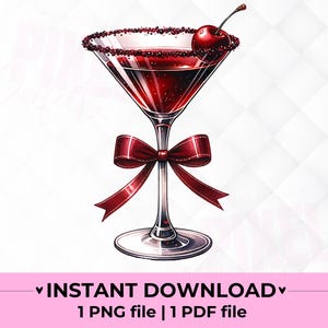 May include: A red cocktail with a cherry on top, served in a martini glass with a red bow. The glass has a sugared rim.