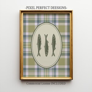 Vintage Fish Illustration on Plaid - Rustic Sketch Wall Art, Printable Vintage Fish Decor, Charming Old-Fashioned Art Print Download 50