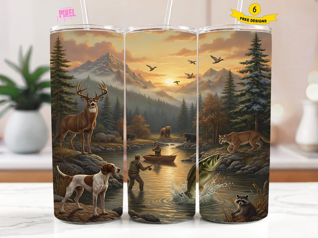 Male Hunting Tumbler Wrap Png, Deer Bear Fishing 20 Oz Skinny Tumbler ...