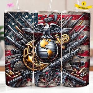 May include: A set of three stainless steel tumblers with a patriotic design featuring an eagle, a globe, and military weapons. The tumblers are decorated with a red, white and blue American flag pattern. The text "FREE DESIGNS" is visible on the image.