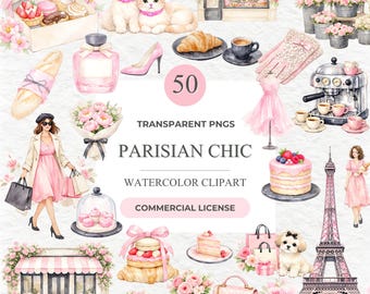 Parisian Chic Clipart Bundle, Watercolor Paris PNG, French Bakery Cafe Art, Pink Aesthetic Clipart, Digital Download
