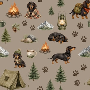 May include: A seamless pattern on a taupe background featuring illustrations of black and tan dachshunds, campfires, pine trees, mountains, tents, lanterns, mugs, and paw prints. The dogs are depicted in various poses, some wearing scarves or hats.