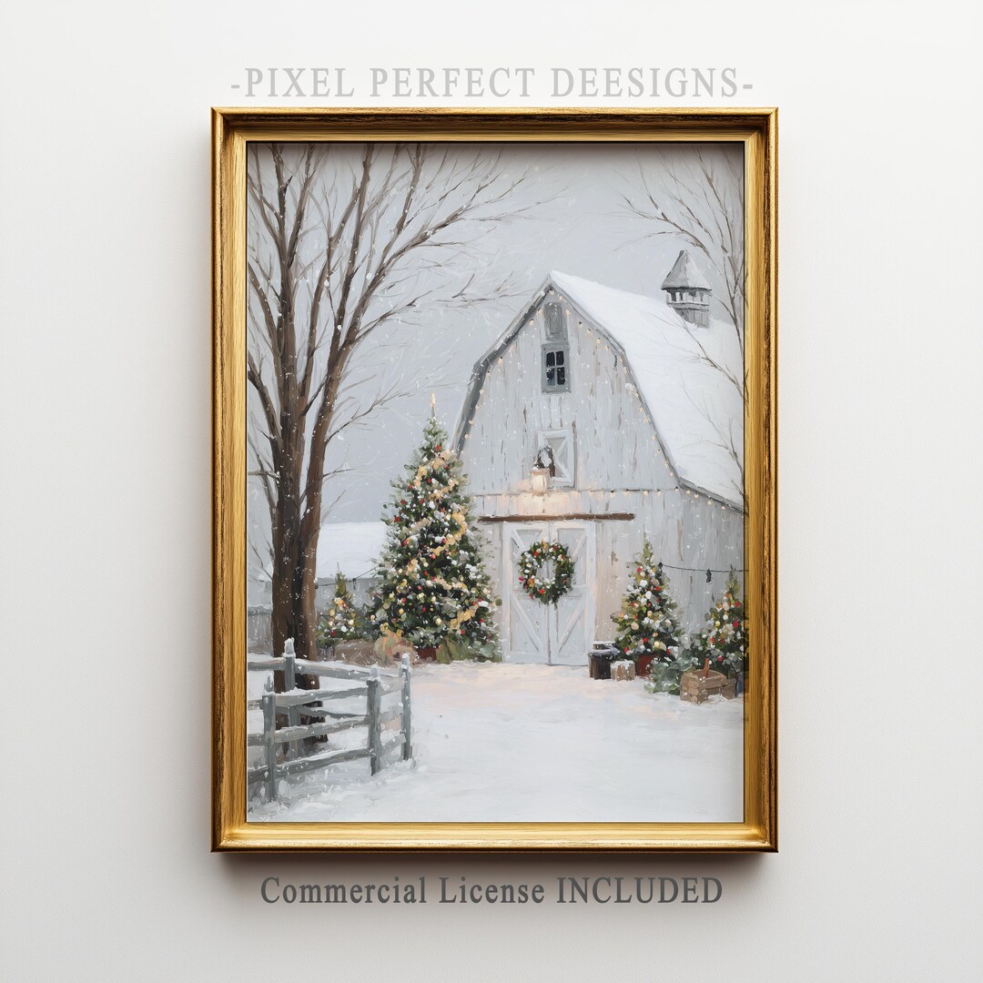 Winter Barn With Christmas Tree Printable Art, Rustic Holiday Wall ...