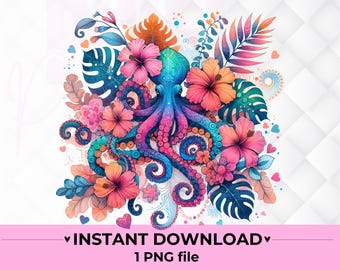 Tropisk bläckfisk Png, blommig bläckfisk Clipart, Boho blomma bläckfisk Png, trendig sommar havsdjur Png sublimering hibiskus digital nedladdning