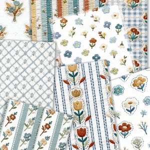 Faux Embroidered Floral Digital Paper, Blue Neutral Grandmillennial Patterns (Digital Download)