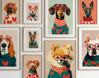 Printable Valentine’s Dog Portraits, Gallery Wall Set Bundle of 12, Cute Animal Wall Art Prints, Heart Motif Decor Digital Download 64