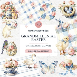 May include: Watercolor clipart set with a Grandmillenial Easter theme. The image features various illustrations including bunnies, chicks, eggs, birds, butterflies, and floral arrangements. The text reads "Grandmillenial Easter" and "Watercolor Clipart".