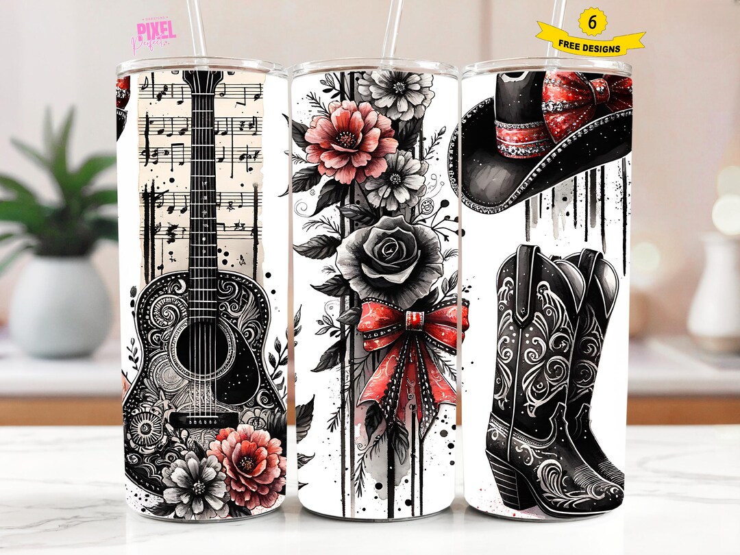 Country Cowgirl Tumbler Wrap PNG, Western Boots Hat Png, Guitar Floral ...