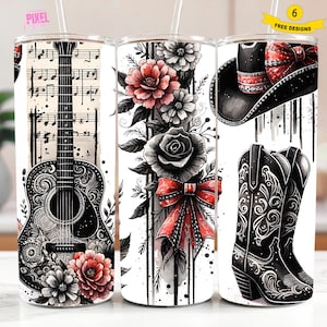 Peut inclure: Trois designs différents pour un gobelet en acier inoxydable. Le premier design présente une guitare noire et blanche avec des notes de musique et des fleurs. Le deuxième design présente des fleurs noires et blanches avec un nœud rouge. Le troisième design présente un chapeau de cowboy noir et des bottes de cowboy noires avec des accents blancs.