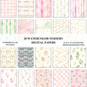Puede incluir: Una colección de 20 papeles digitales de acuarela para guardería con varios diseños, incluyendo cuadros, rayas, flores y lazos. Los papeles miden 21,59 x 27,94 cm y son de alta resolución.