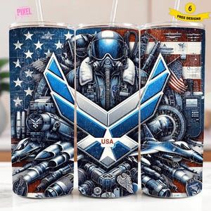 May include: Three stainless steel tumblers with a patriotic design featuring an American flag, a pilot wearing a helmet and goggles, and the Air Force logo with the word "USA".