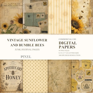 Sunflower Bee Junk Journal Paper Bundle 95 , Honey Vintage Ephemera Printable, Farmhouse Watercolor Scrapbook Backgrounds, Digital Download