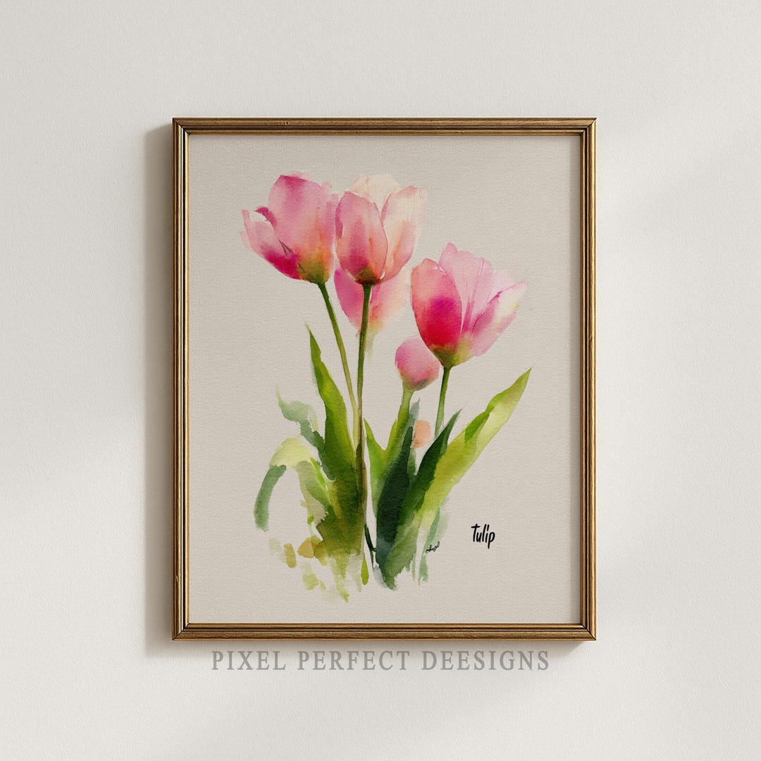 Spring Printable Tulip Watercolor Art - Feminine Pink Blooms in ...