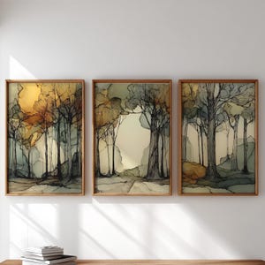 Modernt abstrakt skogslandskapsgalleri, triptykkonst set med 3, jordnära botanisk väggkonst, utskrivbar nedladdning, fridfull heminredning 77