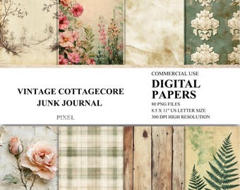 Vintage Shabby Chic Junk Journal Pages - 80 Cottagecore Printable Scrapbook Paper, Nature Ephemera, Dark Academia Backgrounds Digital