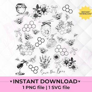 Honingraat svg, lentebloemen svg, hommel png, coquette svg, rustieke svg, bijenkorf svg, honingbij svg, lente clipart digitale download