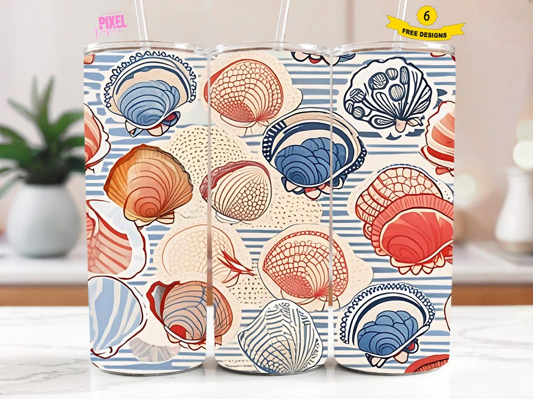 Clam Shells Seamless Tumbler Wrap, Coastal Beach 20oz Skinny Tumbler ...