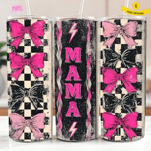 May include: Three stainless steel tumblers with a distressed design. One features the word "MAMA" with lightning bolts, while the others display pink and black bows on a black and white checkered background. Each tumbler has a straw.