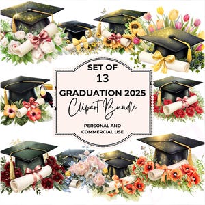 Graduierung Clipart Bündel Senior 2025 png Shirt graduierte png Aquarell Blumen Clipart Graduation Cap Shirt Geschenk Bücher png digitaler Download