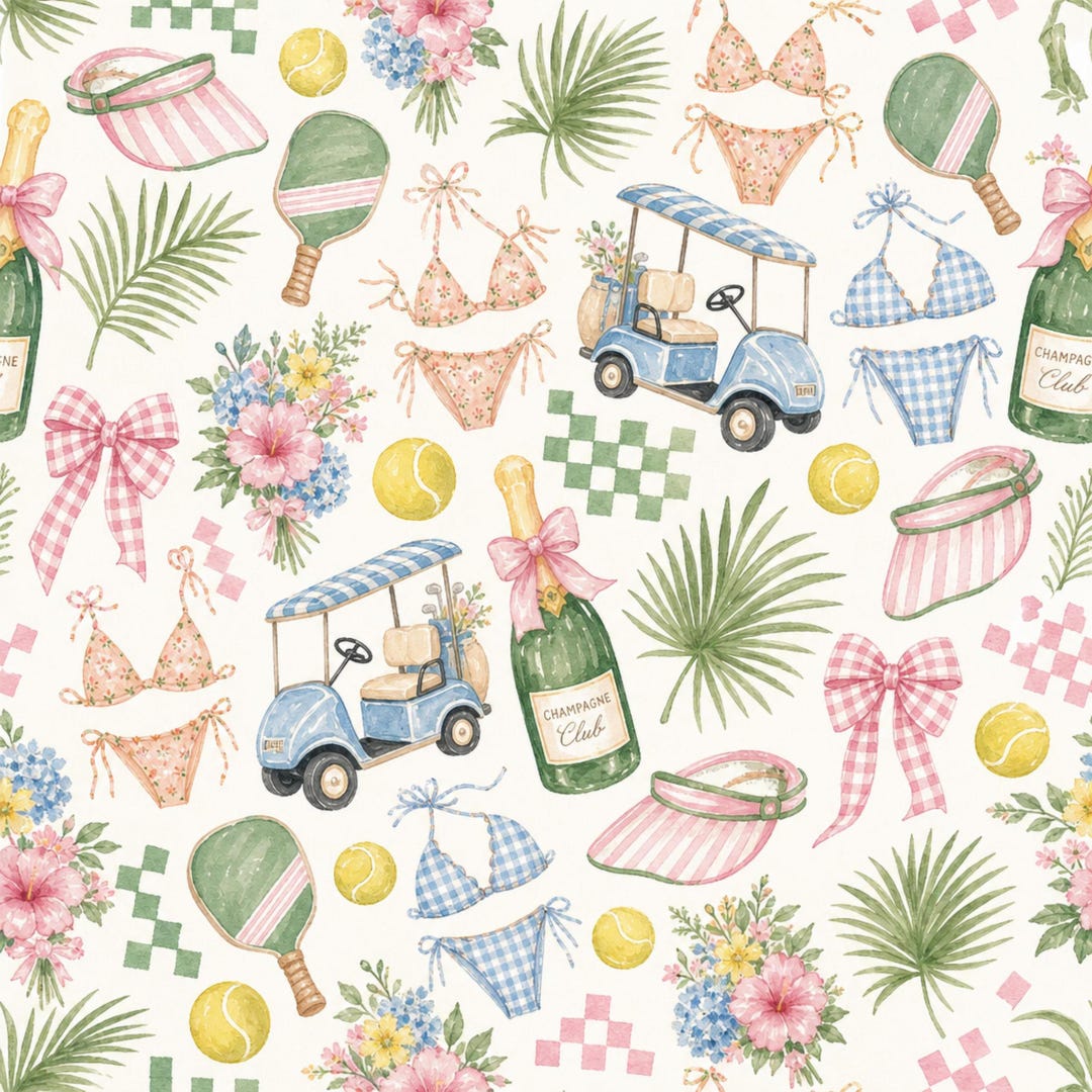 Resort Club Pattern Country Club Seamless Pattern Bundle, Preppy Watercolor Tennis Golf ...