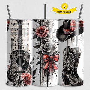 Country Cowgirl Tumbler Wrap PNG, Western Boots Hat Png, Guitar Floral ...