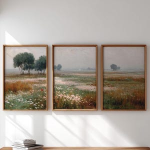 Puede incluir: Conjunto de tres pinturas de paisaje enmarcadas. Cada una presenta un campo de flores silvestres y árboles bajo un cielo brumoso. Los marcos son de madera marrón claro. La obra evoca una sensación de tranquilidad y belleza natural.