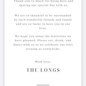 Pode incluir: Um convite de casamento branco com texto preto. A parte superior diz "WELCOME and THANK YOU". O convite inclui uma mensagem de gratid&atilde;o e um desenho de linha de um horizonte da cidade.