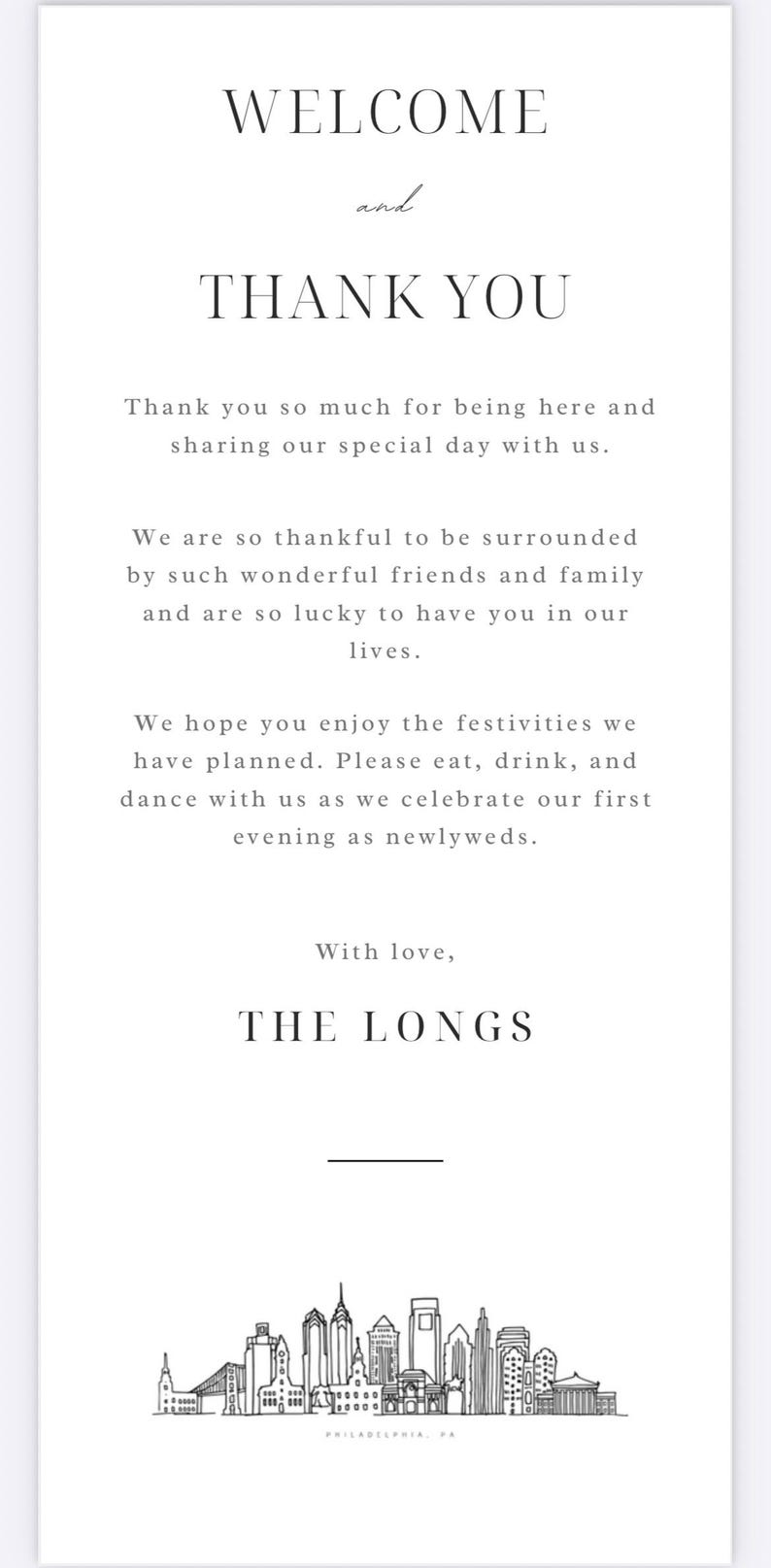 Pode incluir: Um convite de casamento branco com texto preto. A parte superior diz "WELCOME and THANK YOU". O convite inclui uma mensagem de gratid&atilde;o e um desenho de linha de um horizonte da cidade.