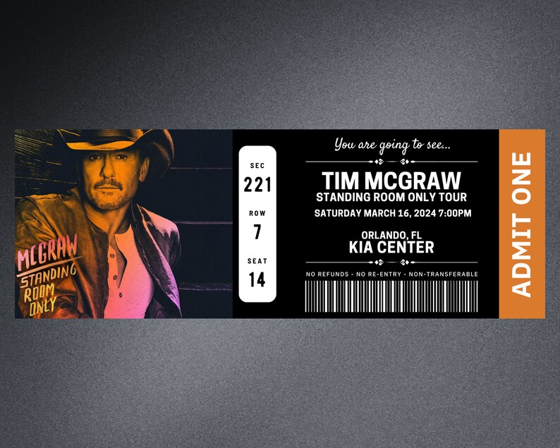 Editable Tim Mcgraw Ticket, Standing Room Only 2024 Memorabilia, Tim