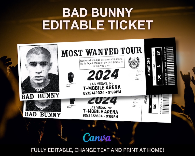 Editable Bad Bunny Ticket, Most Wanted Tour 2024, Bad Bunny Concert