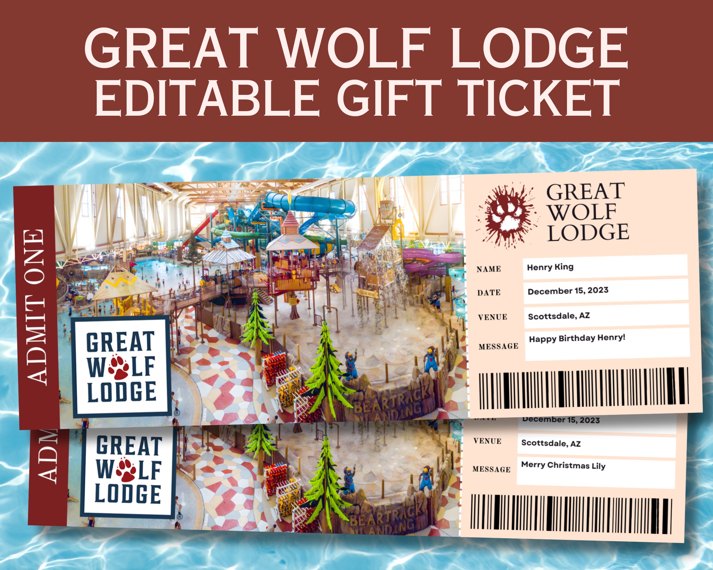 Great Wolf Lodge Editable Gift Ticket, Canva Editable Ticket Template ...