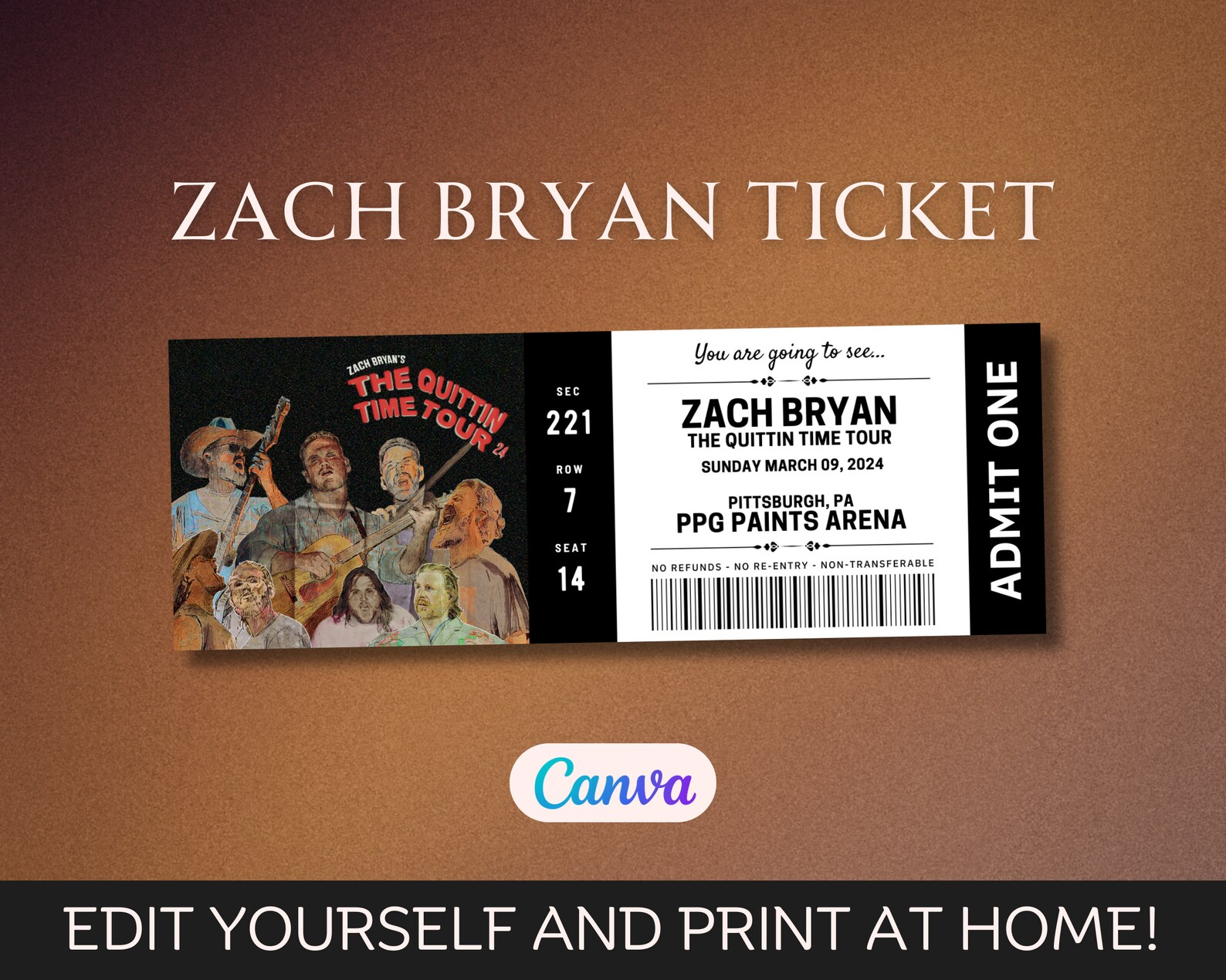 Editable Zach Bryan Ticket, the Quittin Time Tour 2024, Zach Bryan Concert Ticket, Memorabilia