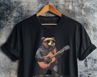 Musik-Liebhaber-T-Shirt Unisex Jersey Kurzarm-T-Shirt Bär spielt Gitarre T-Shirt Musiker Geschenk