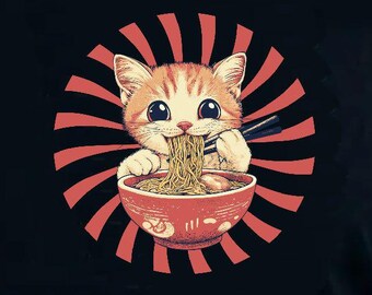 May include: A black t-shirt with a graphic of a cat eating ramen noodles in a red bowl. The cat is orange and white with big eyes. The graphic is surrounded by a red and white sunburst design.