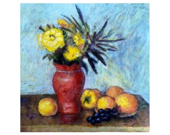 Focus on the good painting: realistic handmade still life on canvas "Red vase"