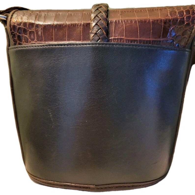 BRIGHTON Bucket Black Brown Croc Pattern Leather Shoulder Handbag Vintage CLEAN image 4