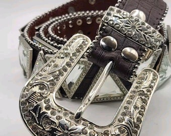 Vintage Chunky Mirror Panels Studded Belt Brown Leather Silver Rhinestone Boho Retro 70s Size Large