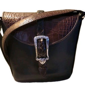 BRIGHTON Bucket Black Brown Croc Pattern Leather Shoulder Handbag Vintage CLEAN image 1