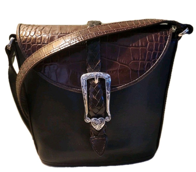 BRIGHTON Bucket Black Brown Croc Pattern Leather Shoulder Handbag Vintage CLEAN image 1
